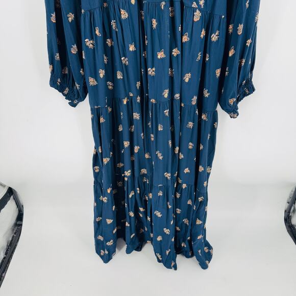 Madewell Plus Challis Floral Midi Dress Navy Boho Long Sleeve Tiered Flowy 2X - Picture 6 of 13